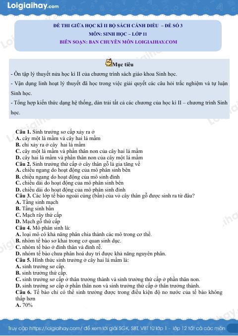 Đề thi giữa học kì 2 Sinh 11 Cánh diều - Đề số 3